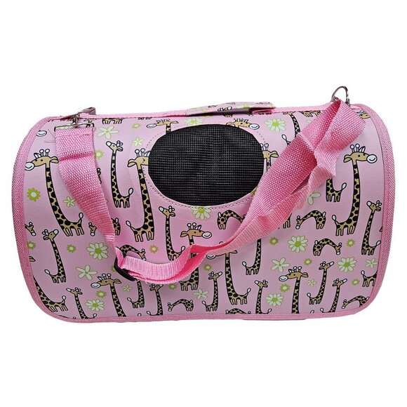 Pet Carrier, Pink with Giraffes Print - Picture 2 of 7
